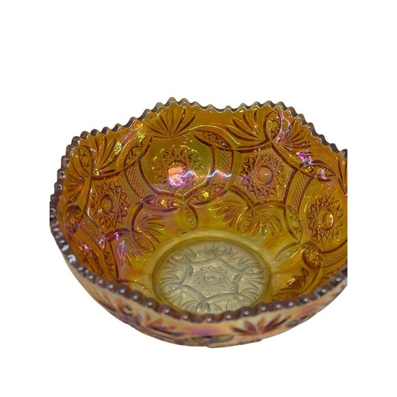 Vintage Marigold Carnival Glass Bowl 8x3 Starburst Crab Claw Pattern Iridescent - Picture 3 of 10